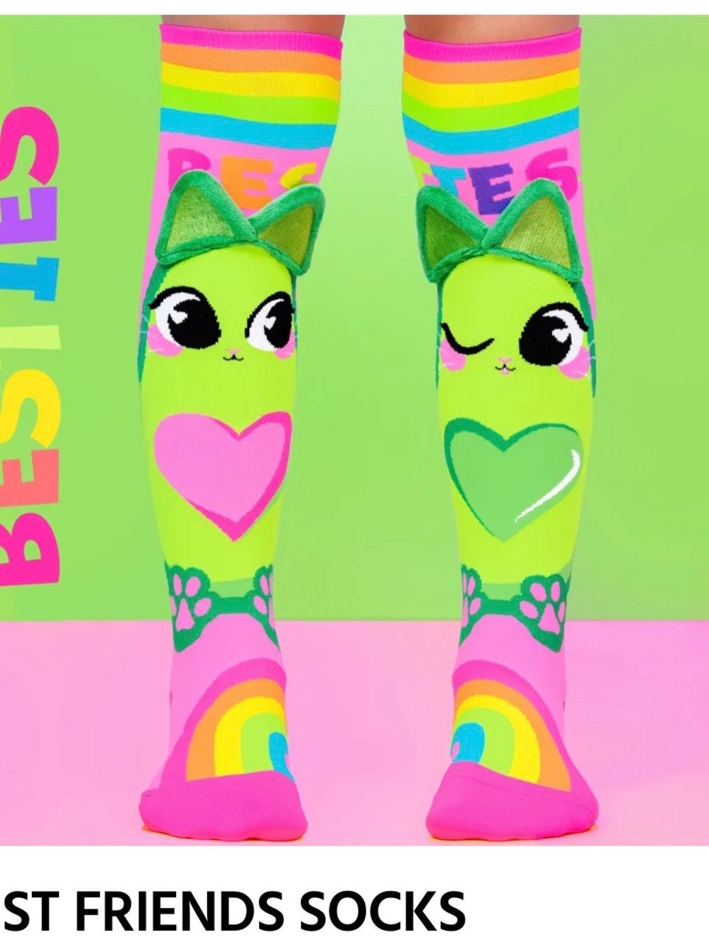 Kids Neon Green & Pink Cat Knee-High Socks with Rainbow Hearts